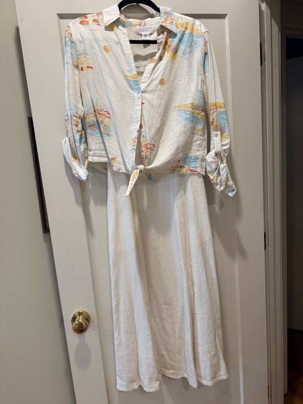 Calypso St. Barth White Midi Sundress Dress with Pastel Beach Print Top
